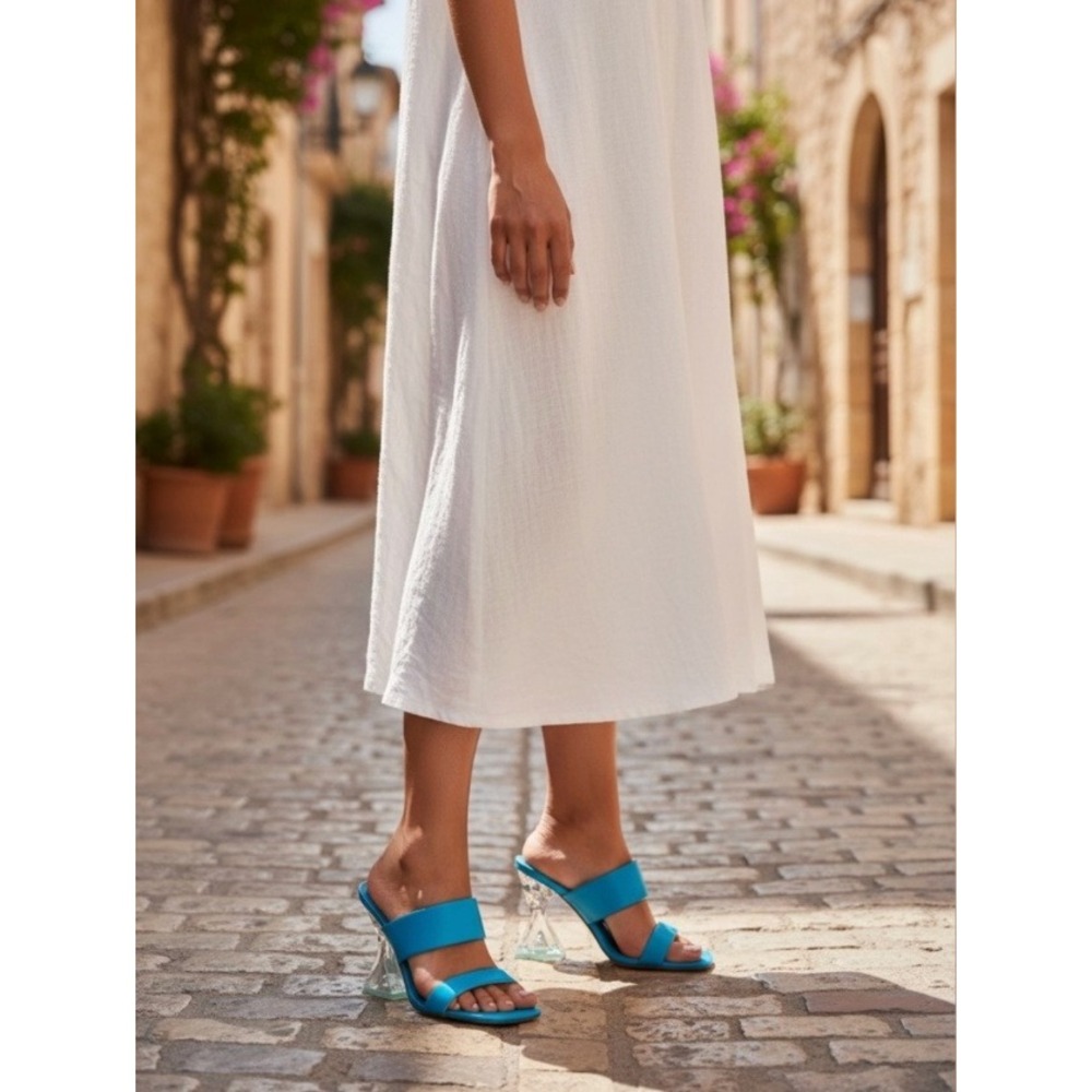NIB STEVEN New York Brinne Lucite Heel Sandals Women's Size 7 Blue Y2K